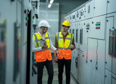 Engineer and technical worker working on the checking status switchgear electrical energy distribution substation at industry factory_